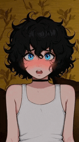 a girl with black hair and blue eyes is wearing a white tank top