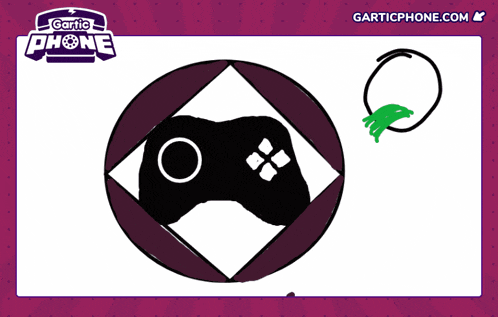 a gartic phone logo with a drawing of a green monster in a circle