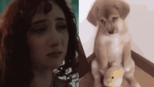 a woman is crying and a puppy is sitting next to her