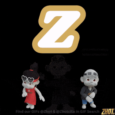 two cartoon characters are dancing in front of a letter z on a black background