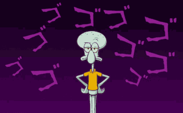 a cartoon of squidward from spongebob squarepants standing in front of a purple background