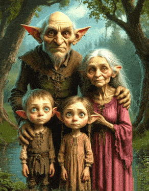 a family of goblins posing for a picture with a woman in a pink dress