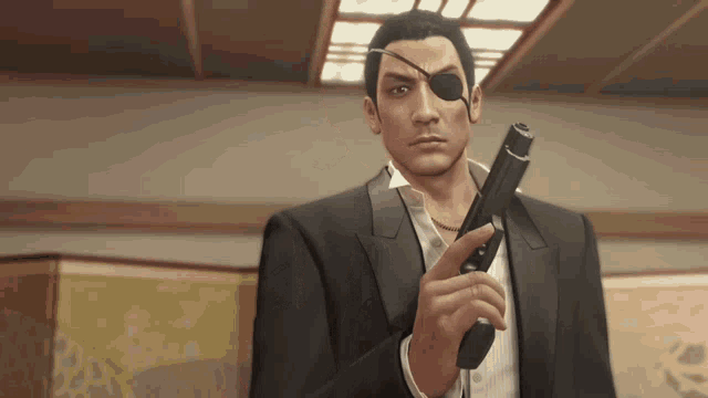 a man in a suit and eye patch holds a gun in his hand