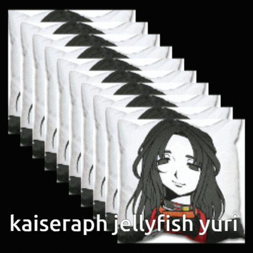 a row of pillows with kaiserapha jellyfish yuri written on the top