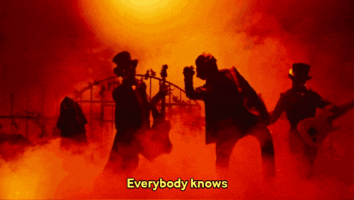 a silhouette of a band with the words everybody knows in yellow