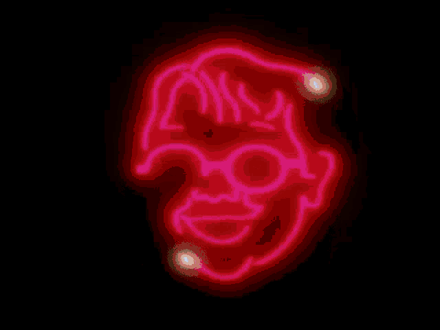 a neon sign of a man 's face with glasses and a smile .