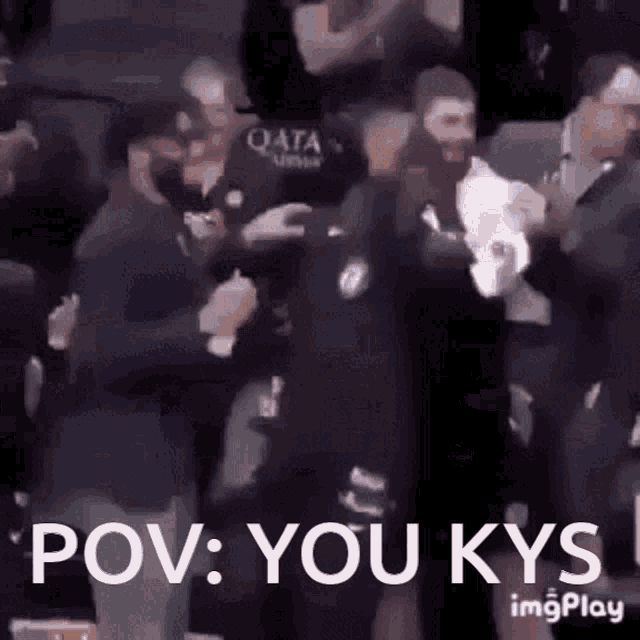 a group of people standing in a crowd with the words pov : you kys on the bottom
