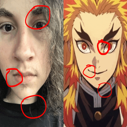 a close up of a person 's face next to a close up of a cartoon character