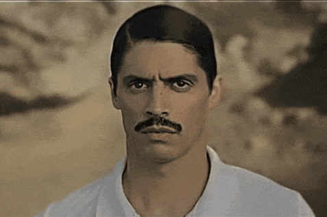 a man with a mustache is looking at the camera