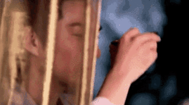 a close up of a person applying makeup to their face behind bars .