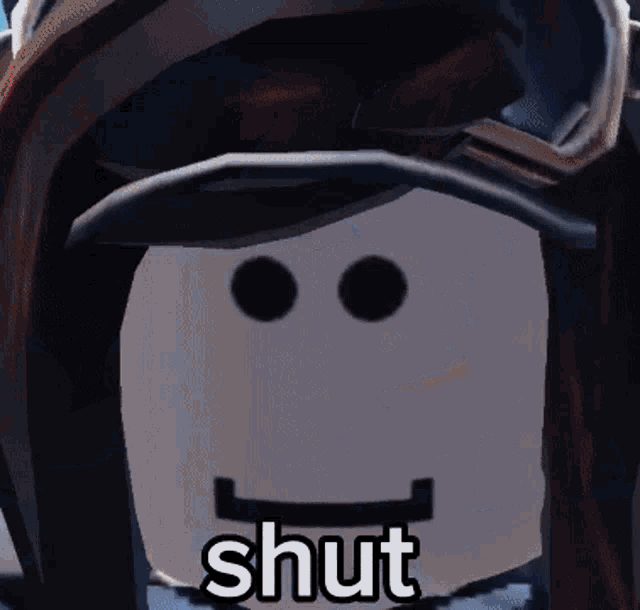 a close up of a roblox character with the word shut written on it