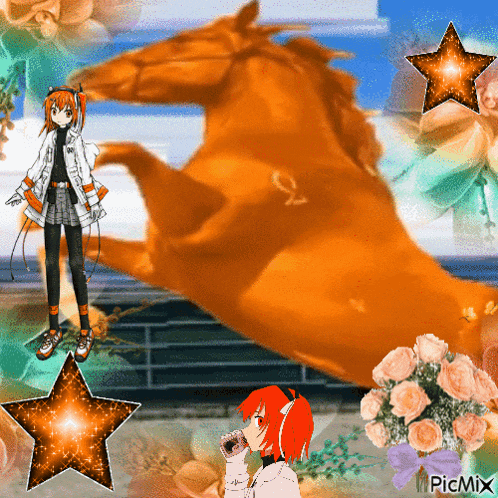 a girl with red hair is standing next to an orange horse with the letter o on its back