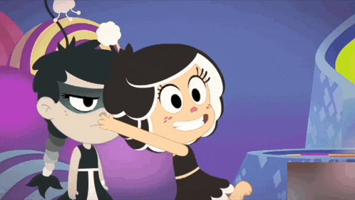 a couple of cartoon characters standing next to each other with one having a mask on