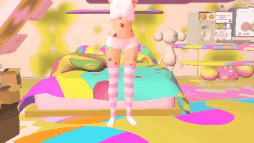 a girl in a pink and white striped outfit is standing in a room