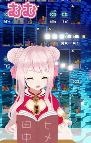 a girl with pink hair is reading a book in front of a game screen