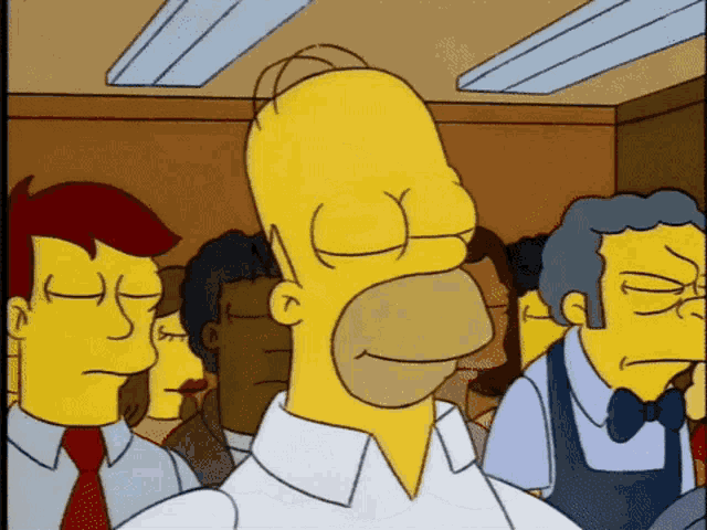 a cartoon of homer simpson standing in a crowd with his eyes closed