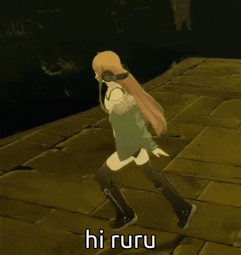 a girl in a video game is walking on a brick sidewalk and says hi ruru .