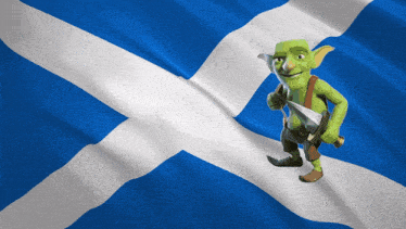 a green goblin is holding a sword in front of a flag