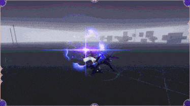 a computer generated image of a person fighting a monster with a purple light behind them