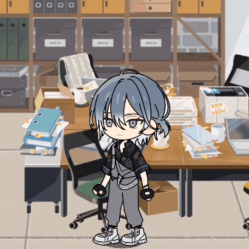 a cartoon character is standing in front of a desk with a sign that says " free " on it