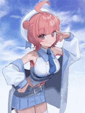 a drawing of a girl with pink hair wearing a white hat and tie