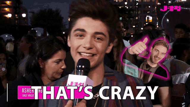 a man holding a microphone with the words that 's crazy on the bottom right