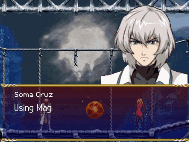 a screenshot of a video game with soma cruz using mag