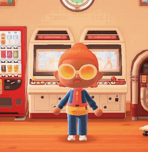 a video game character wearing sunglasses stands in front of a jukebox and a vending machine