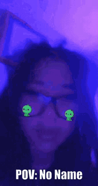 a girl wearing glasses with glow in the dark skulls on them says pov : no name .