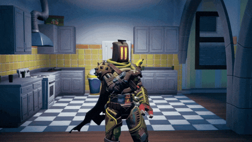 a video game character standing in a kitchen with a checkered floor