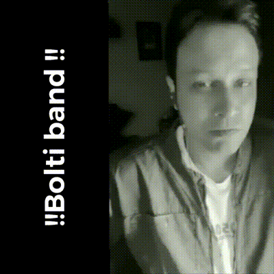 a black and white photo of a man with the words " bolti band " on the bottom