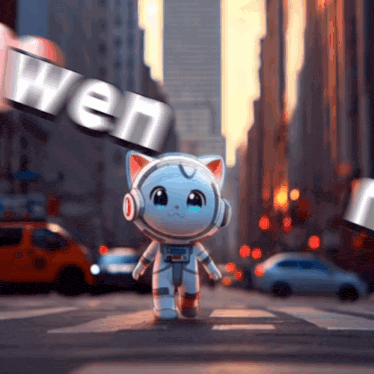 a cartoon cat in a space suit is crossing a street with the word wen behind him