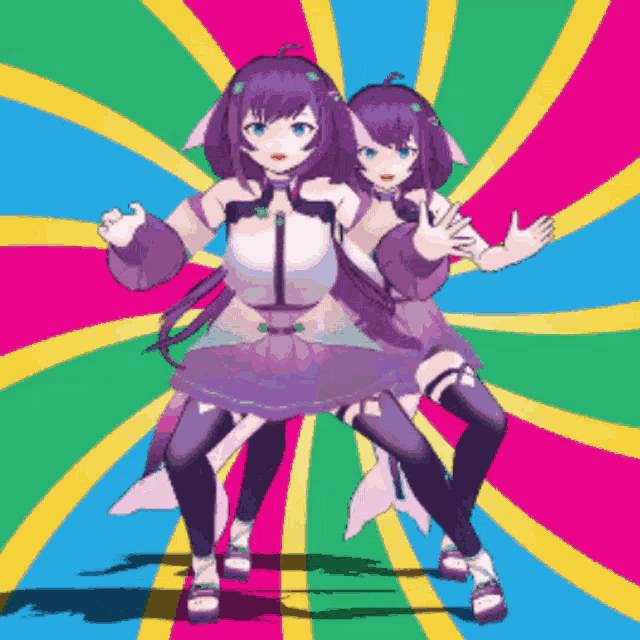 two anime girls are standing next to each other in front of a colorful background