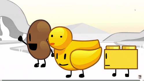a group of cartoon characters are standing next to each other and one of them is a yellow duck