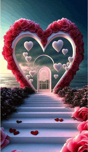 a heart shaped doorway surrounded by pink roses and white hearts