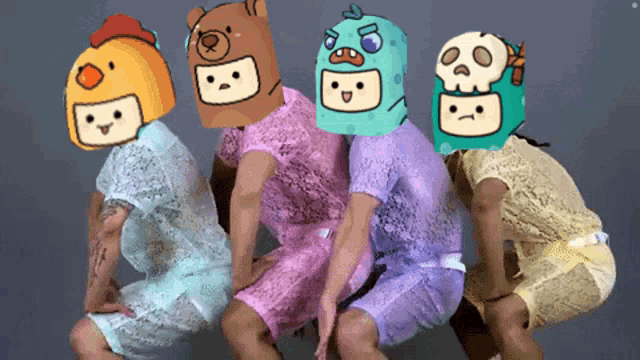 four people wearing lace dresses with cartoon characters on their faces