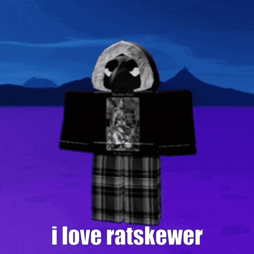 a cartoon character with a hoodie and plaid pants says " i love ratskewer "