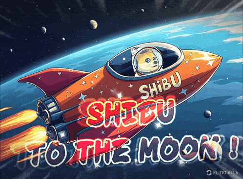 a picture of a dog in a rocket that says " shibu " on it