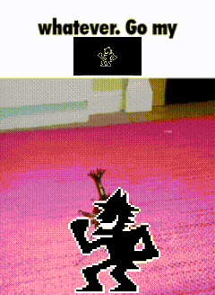 a cartoon character is standing on a pink rug with the words whatever go my