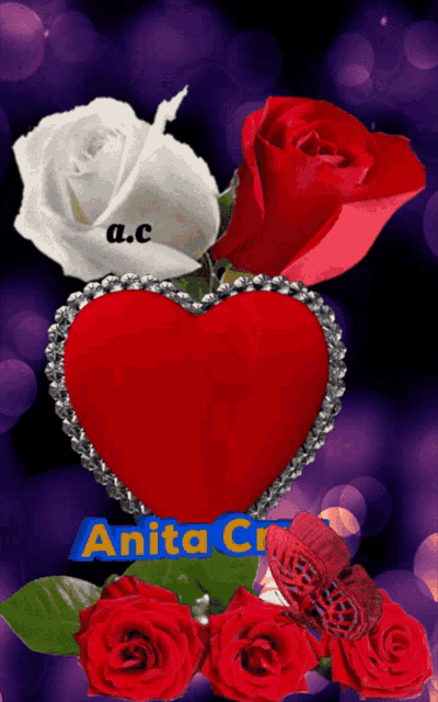 a red heart surrounded by red roses and a white rose with a.c. written on it