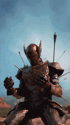 a statue of a knight with arrows coming out of his helmet