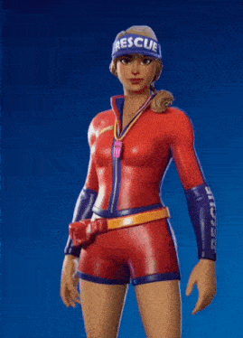 a woman wearing a rescue hat and shorts is standing in front of a blue background