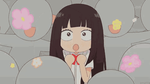 a cartoon girl is making a funny face while surrounded by pink flowers .