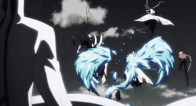 a group of anime characters are fighting each other with wings