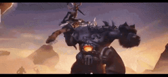 a giant robot is holding a sword and shield