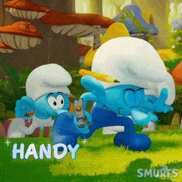a smurf named handy is holding a cell phone in his hand