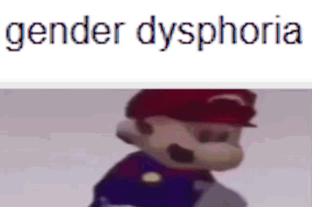 a picture of a cartoon character with the words `` gender dysphoria '' written on it .