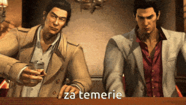 two men standing next to each other with the word za temerie on the bottom right