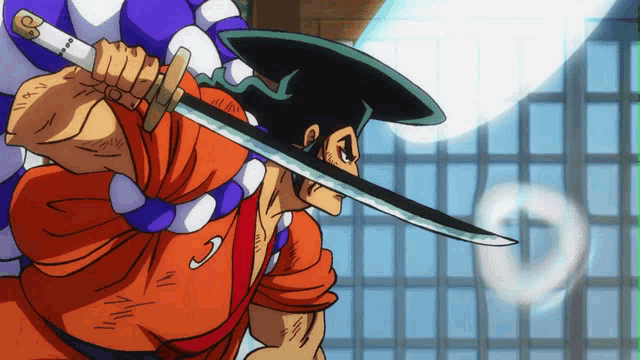a cartoon character is holding a sword with a shield on his head