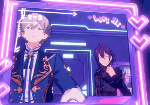 two anime characters are standing in front of a sign that says " love me " on it